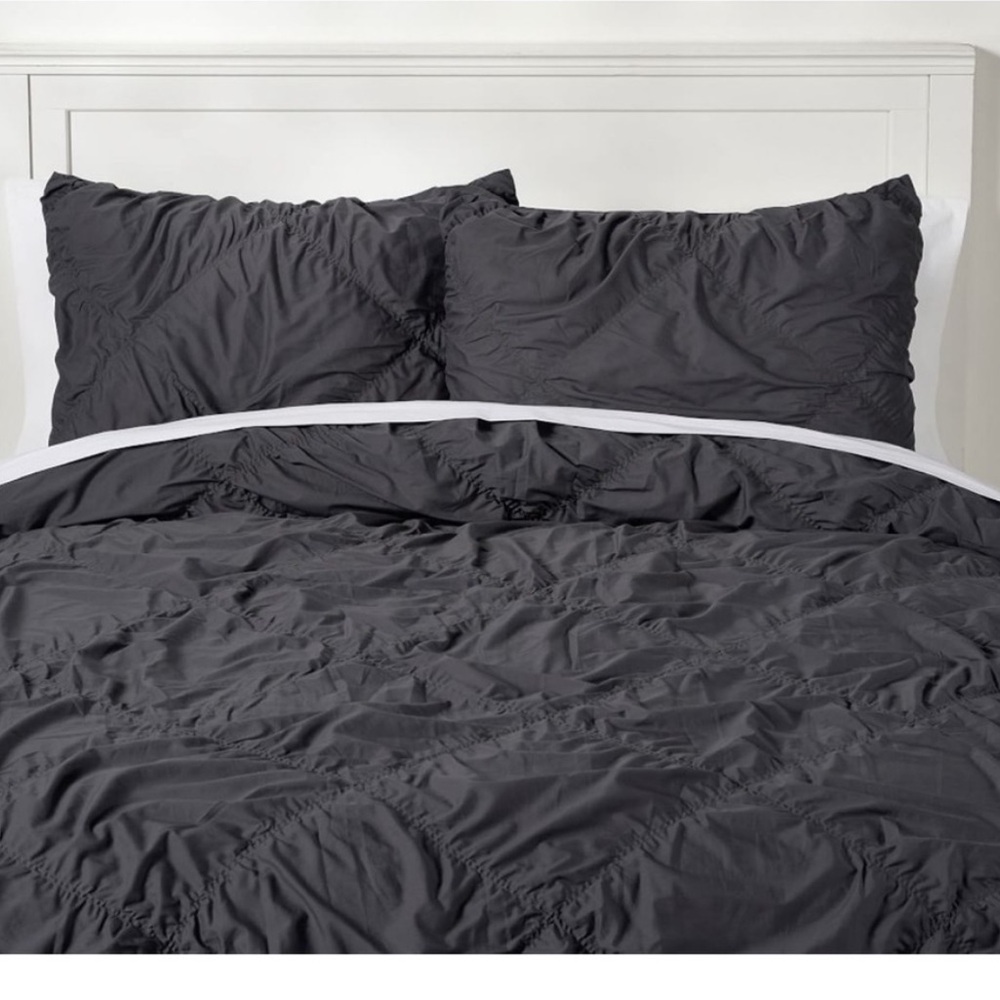 NEW Pottery Barn Dorm Organic Ruched Diamond Duvet Cover Twin Charcoal Gray